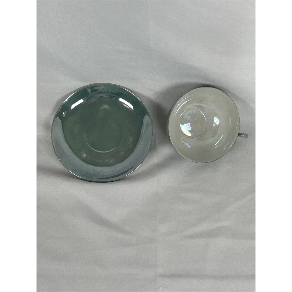 Vtg Lot Hand painted Japan Green Opal Lusterware Cups Saucers Sugar Bowl W/ Lid
